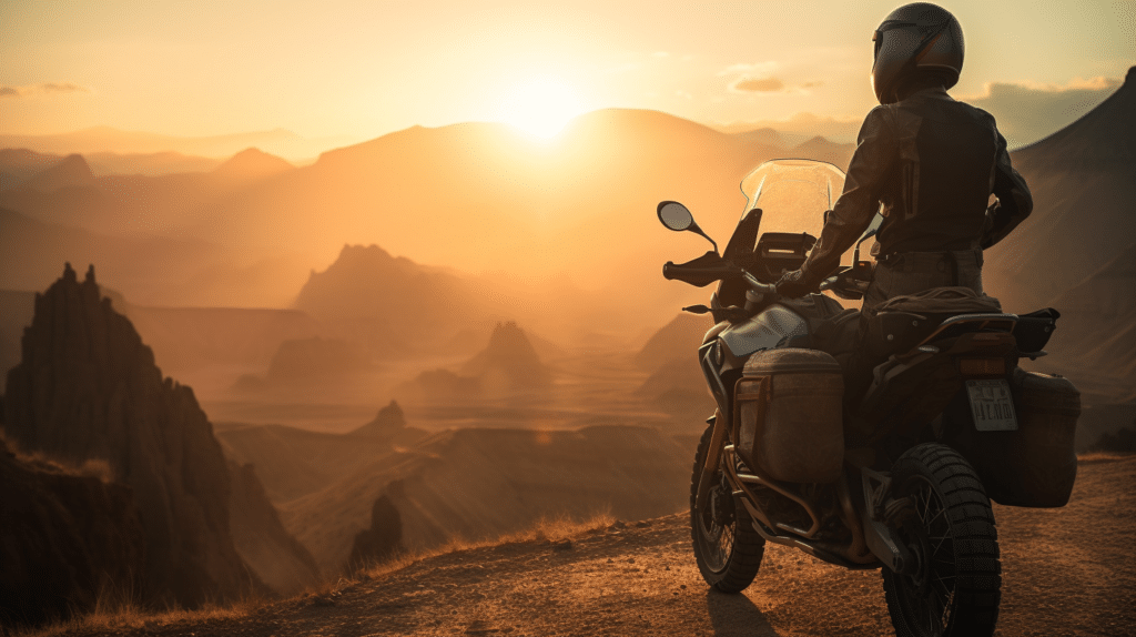 motorcyclist watching the sun rise
