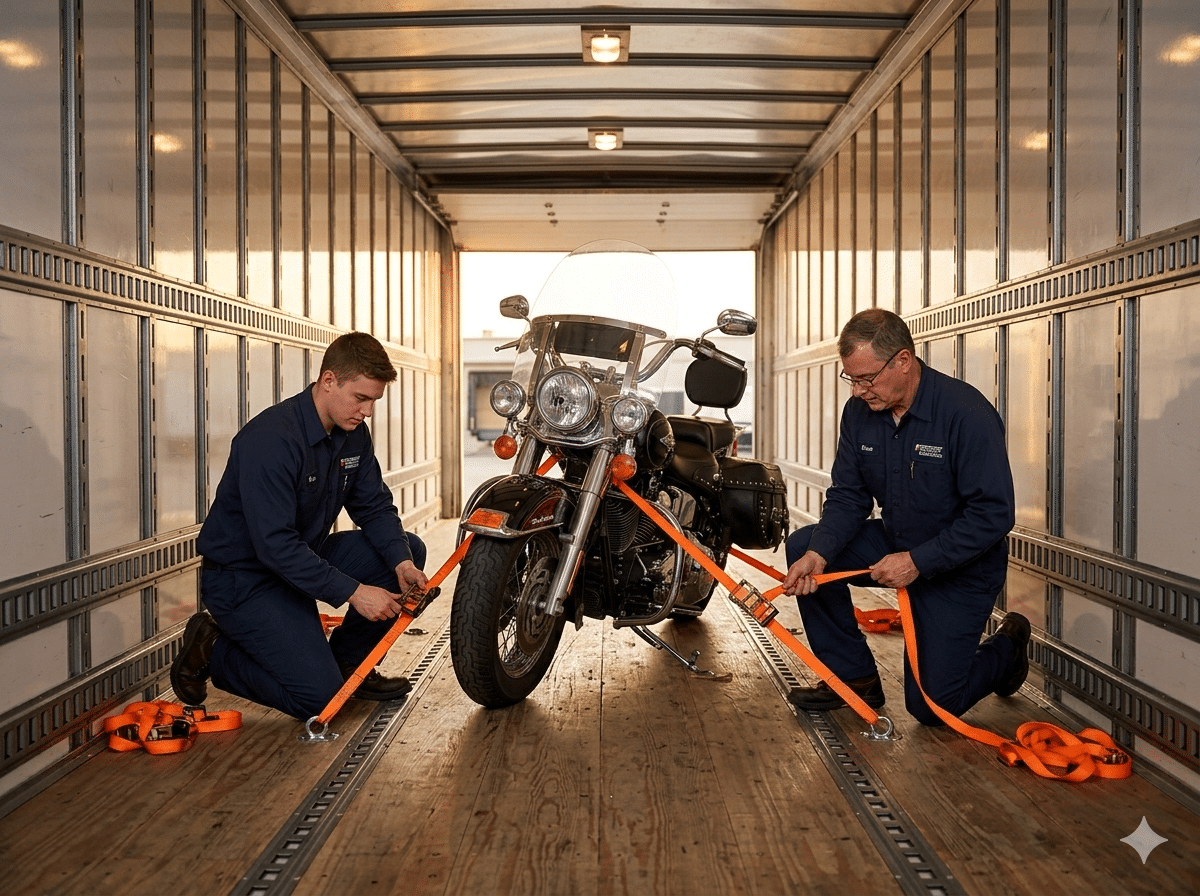 Motorcycle secured to enclosed trailer floor — non-palletized domestic transport to US port for Australia shipment