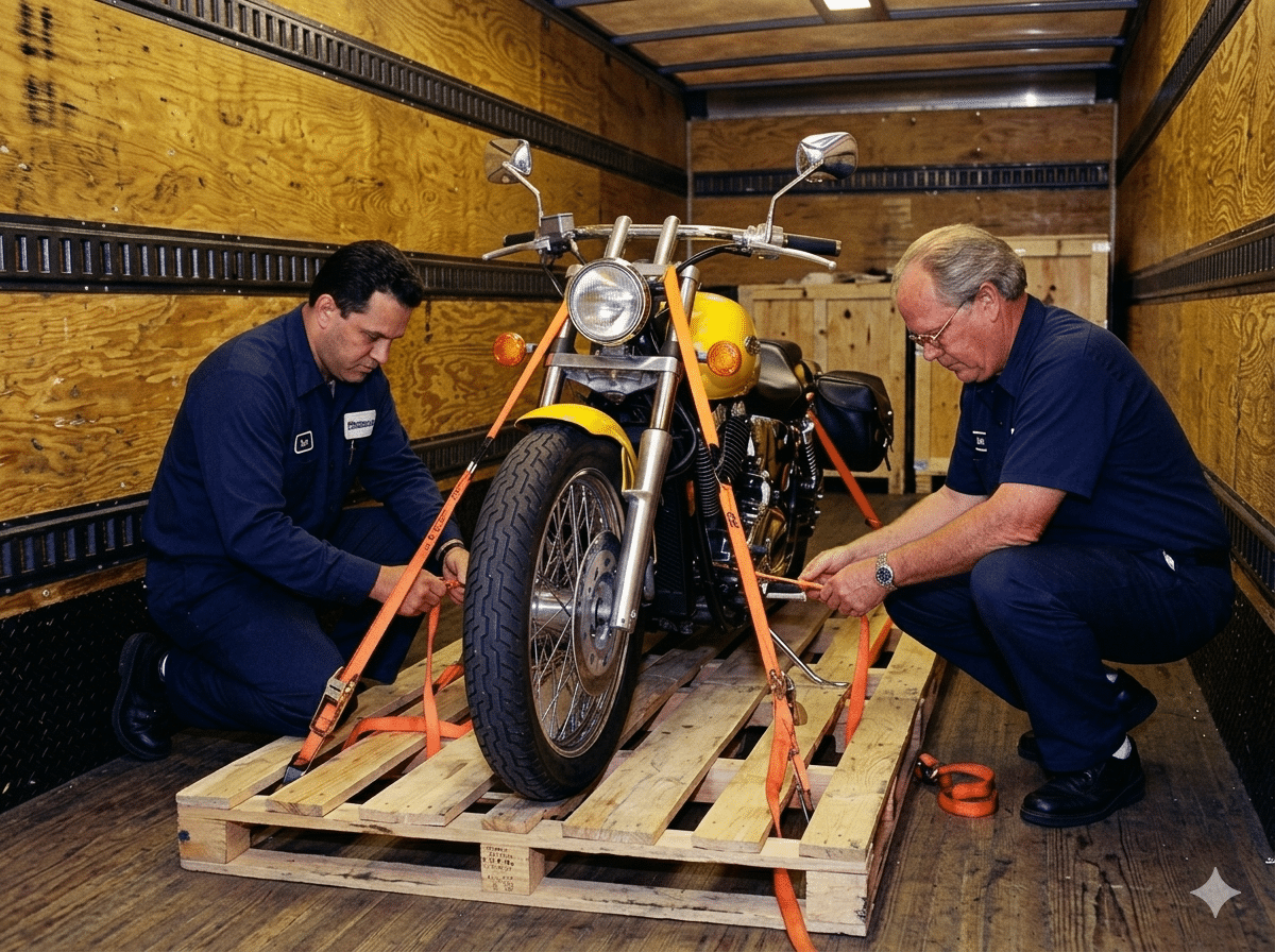 Motorcycle on pallet in enclosed air-ride trailer — palletized domestic transport to port